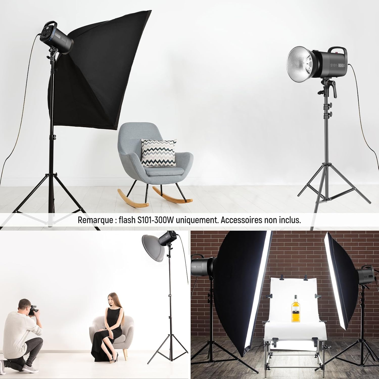 NEEWER Kit Flash monolight Studio 600W : 2 x lumières stroboscopiques S101-300W 5600K avec lumières de modélisation 150W/monture Bowens/boîte à lumière/Supports, réflecteur/déclencheur RT-16/sac