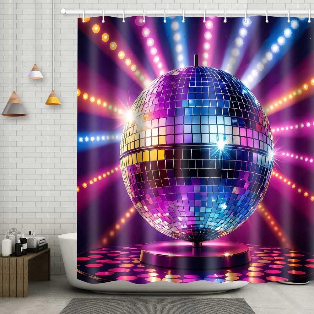 Disco Ball Shower Curtain Vintage 60s 70s 80s Disco Neon Music Bath Curtain 72x72 Inches Washable Polyester Night Club Disco Theme Bathroom Curtians with 12 Hooks YLOKPA1100
