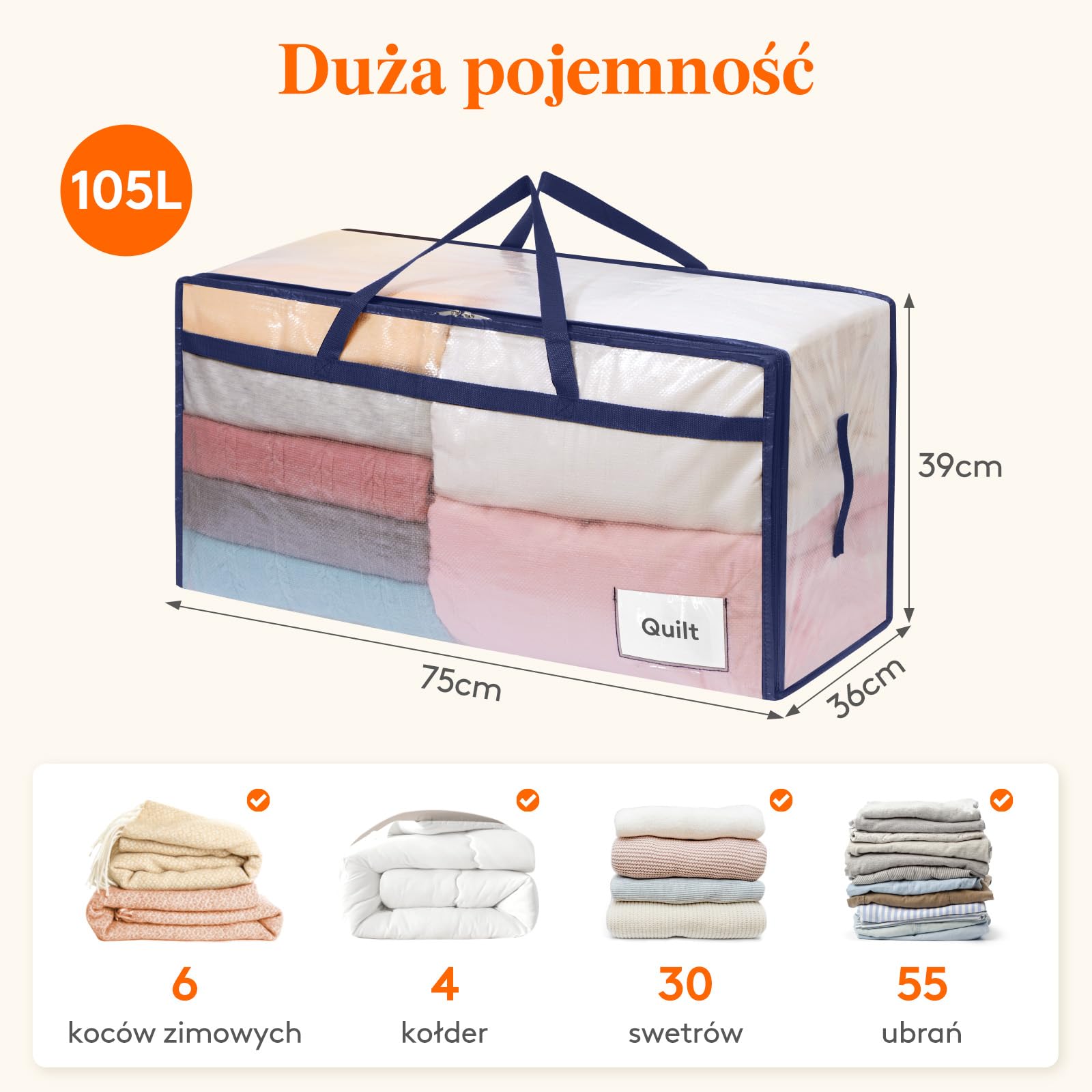 Lifewit Zestaw 6 toreb do przechowywania ubrań 110 L, duże torby przeprowadzkowe z uchwytami, składane pudełka przeprowadzkowe na kołdry, koce, ubrania, przezroczyste