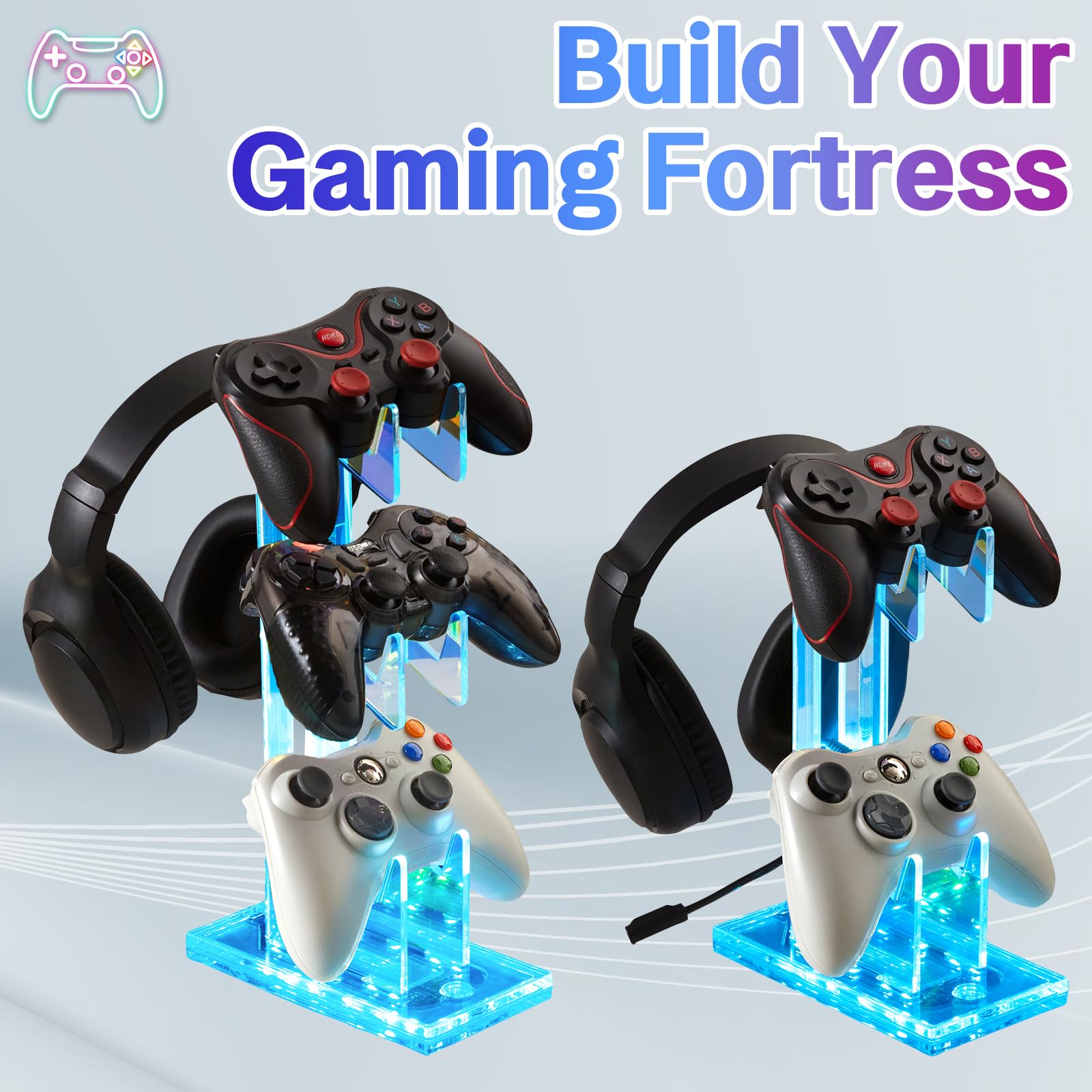 Supporto per controller di gioco con luce colorata in acrilico per cuffie, con 3 modalità, 7 colori, porta di ricarica USB per PS4, PS5, PC, design universale (3 livelli con luci)