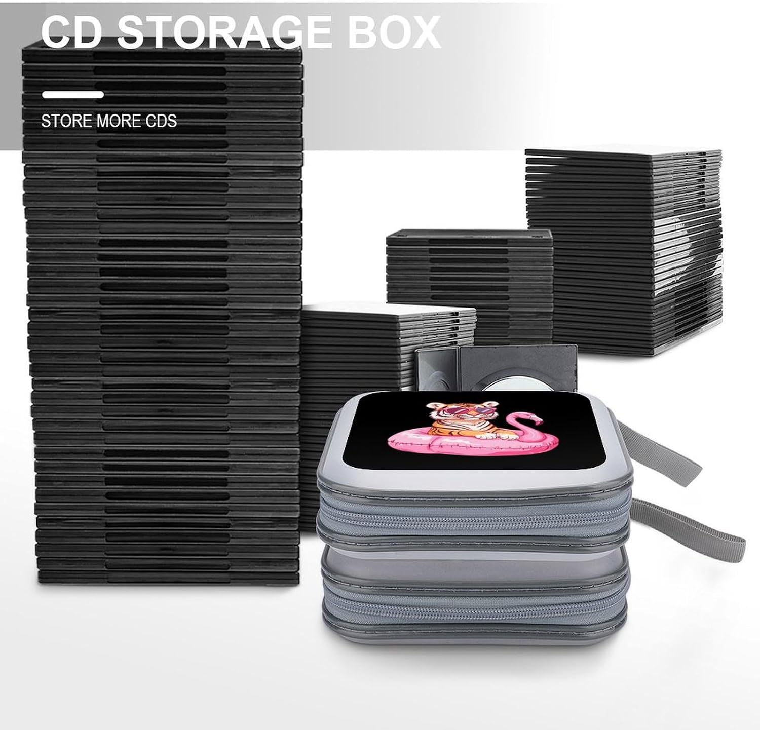Tiger Flamingos Swimming Ring CD Case Portable DVD Storage Box CD Wallet Holder Binder Organizer for Car Home