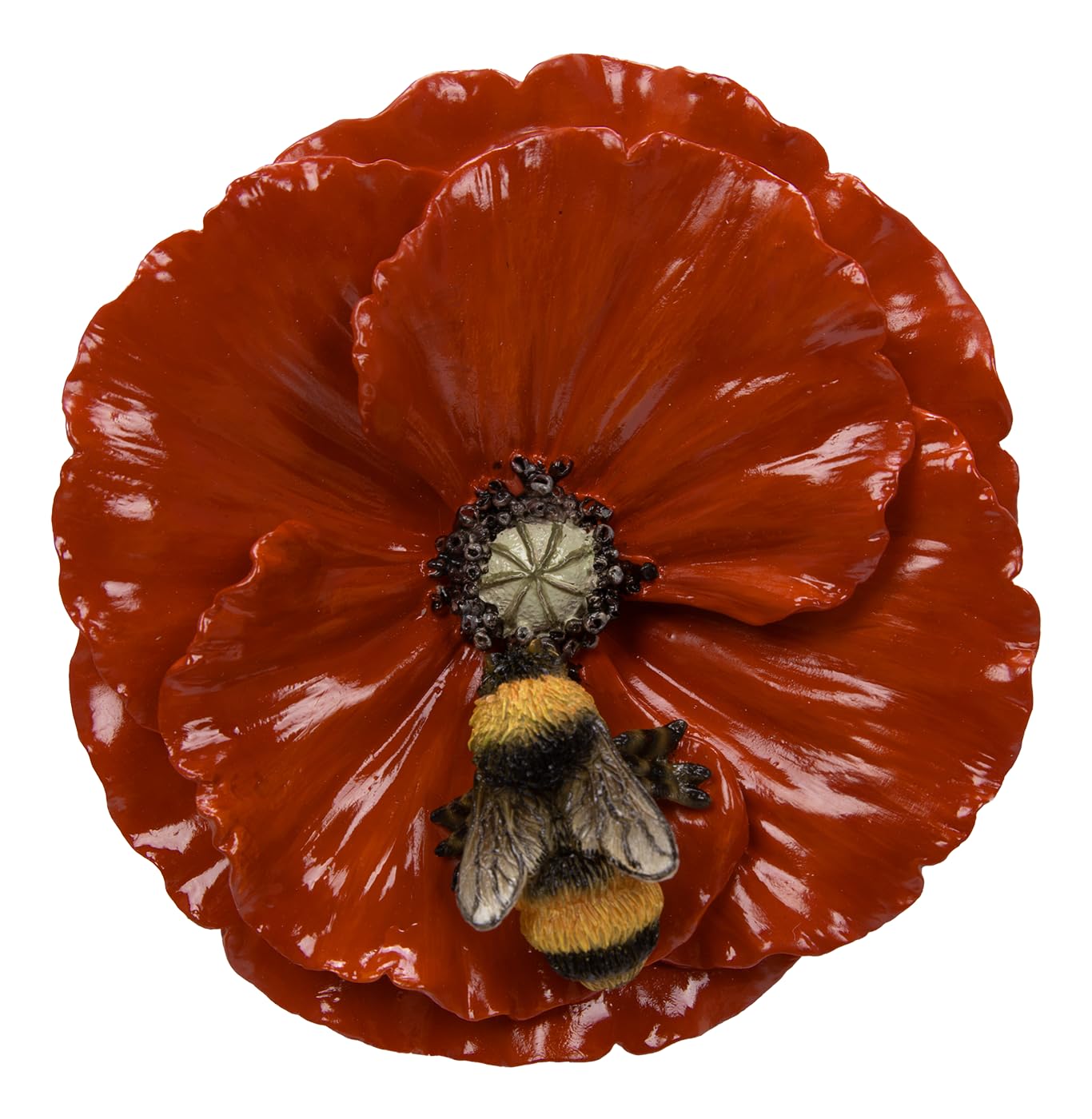 Vivid Arts Red Poppy Flower with Bee Ornament – Realistic Resin Garden Decoration | Indoor & Outdoor Display | 10.5cm