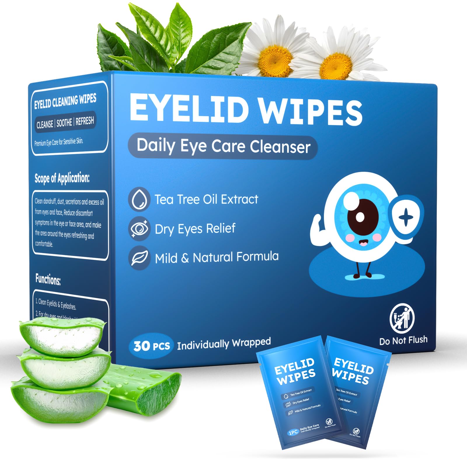 30PCS Eyelid & Lash Wipes for Itchy & Dry Eyes, Tea Tree Oil Eyelid Wipes for Styes & Blepharitis, Daily Eye Cleansing Cloths, Hypoallergenic & Soothing For Sensitive Eyes, Stay Hydrated Lid Wipe