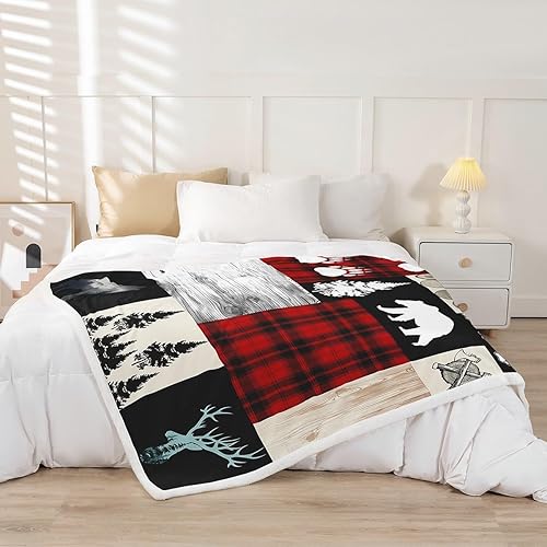 Miniatura 2 de Camper Adventure - Manta de retazos a cuadros rojos con patas de ciervo, para sofá, manta rústica de granja para niños, manta de forro polar suave y