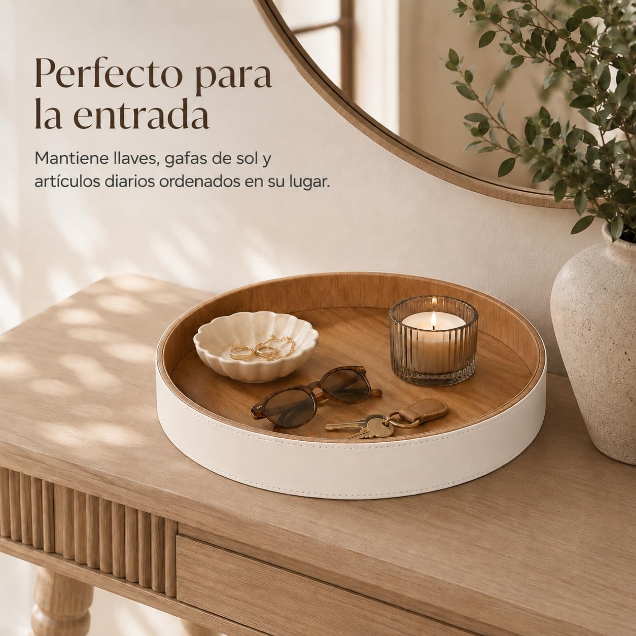 GORESE Bandeja para Portavelas,Placa Redonda Decorativa para Velas de Piel PU,30cm Centro de Mesa Bandejas para Servir Bandejas de Madera rústica Organizador de Velas de Café Decoración del Hogar