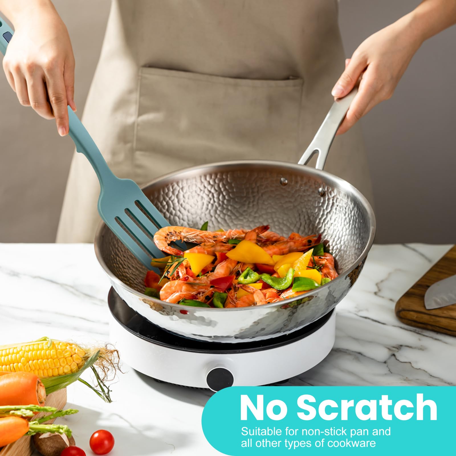 GZqiacang - Set di 4 forchette da cucina in silicone, resistenti al calore, in silicone, con 4 ganci, per cucinare, mescolare, utensili da portata (azzurro, blu scuro)