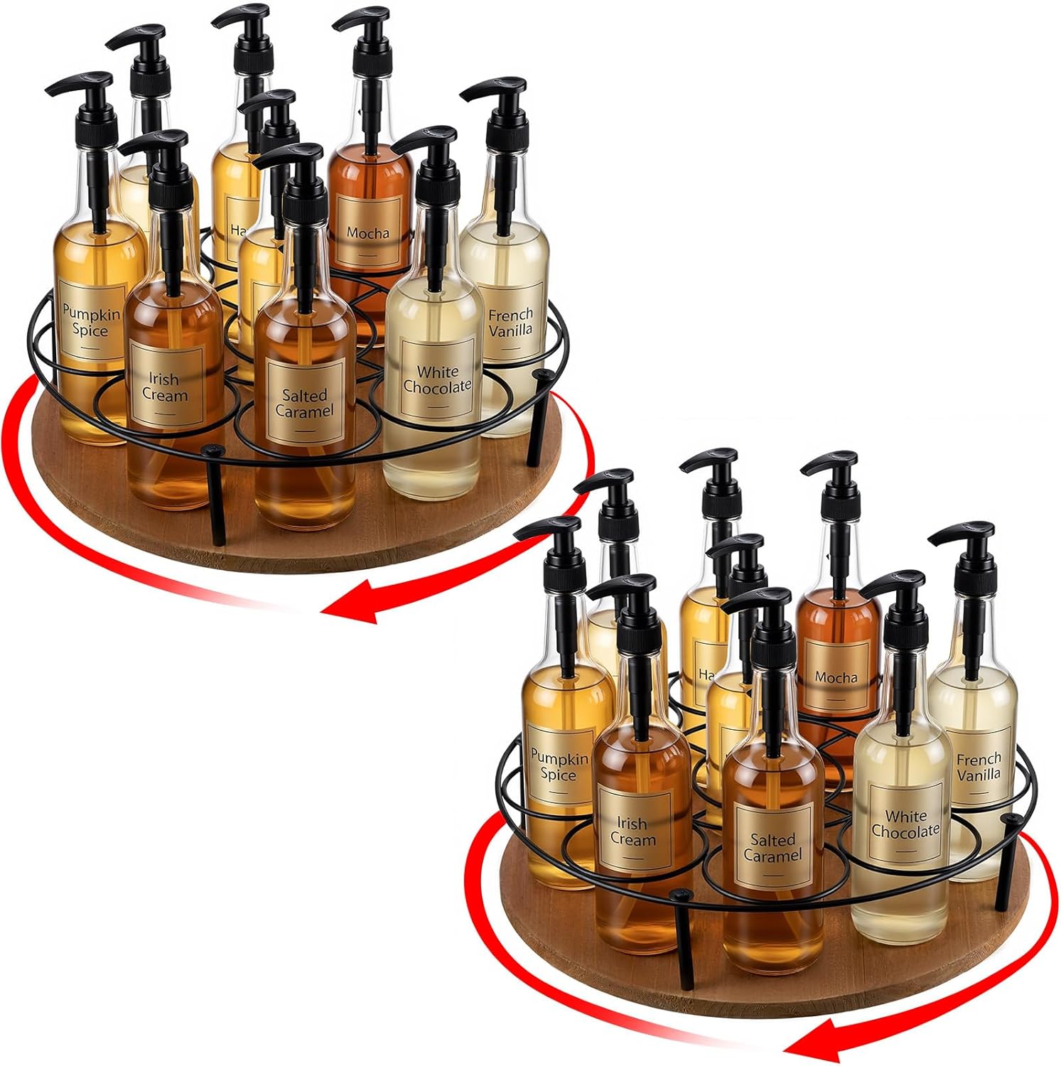 2 Pcs Large Rotating Coffee Syrup Organizer 9 Bottles Coffee Syrup Rack for Countertop Bottle Holder Stand Carbon Steel Frame with Wooden Base for Bar Station, Turntable Wine Display Tray