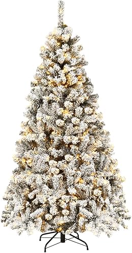 GOFLAME Árbol de Navidad de 6 pies con agujas de PVC de alta calidad y 600 puntas de rama, pino con bisagras flocadas de nieve preiluminado con