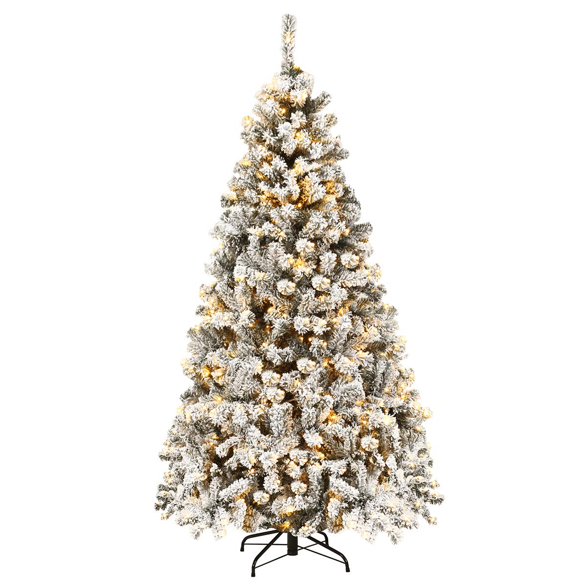 COSTWAY 4.5FT/6FT Flocked Christmas Tree, Pre-Lit Artificial Decoration Tree with 295/600 PVC Branch Tips and 150/250 LED Lights, Hinged Holiday Celebration Tree for Home, School and Carnival (6FT)