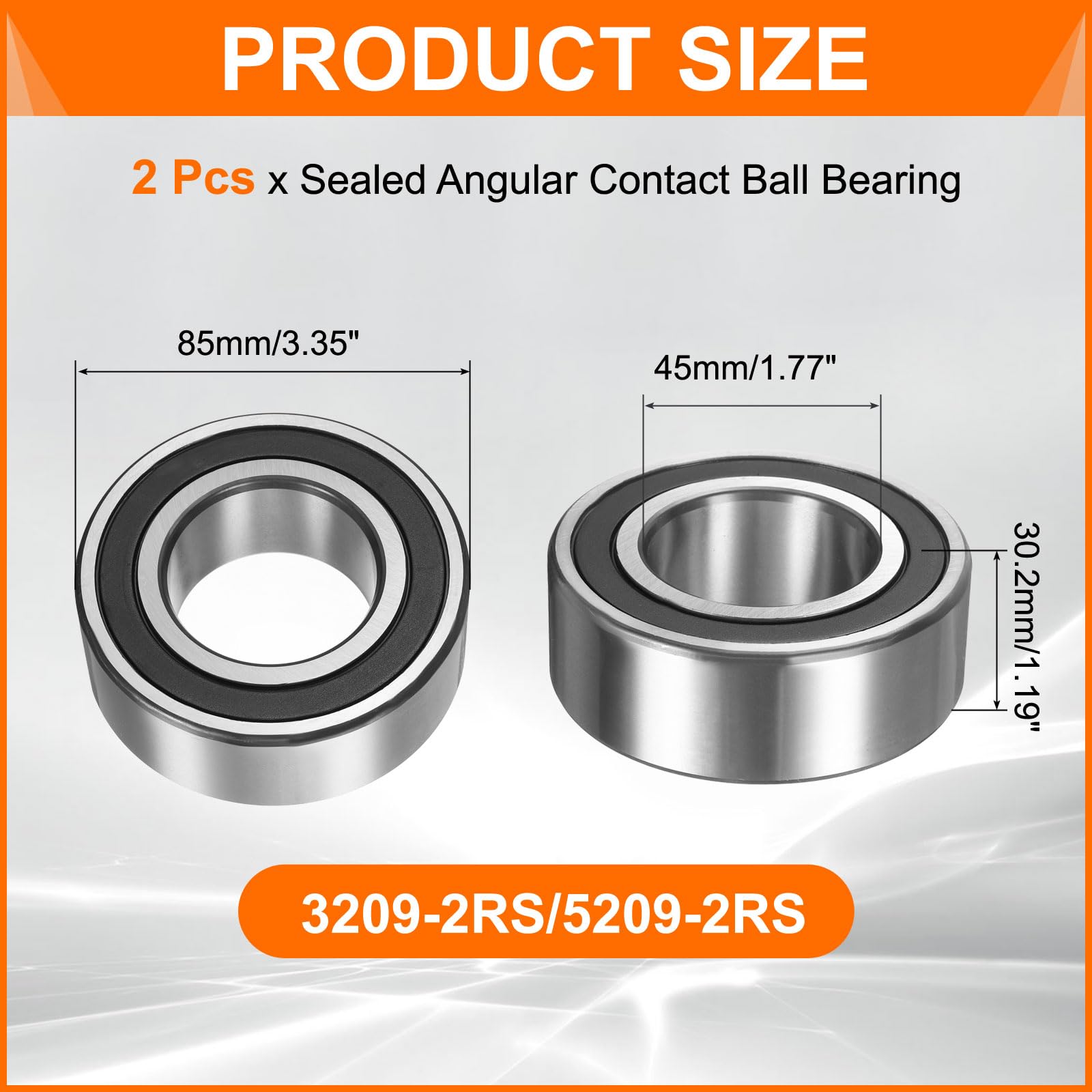 uxcell 2 rodamientos de bolas de contacto angular sellados de doble fila 3209-2RS/5209-2RS, 45 x 85 x 30,2 mm, para motor eléctrico, bombas, compresores, maquinaria agrícola