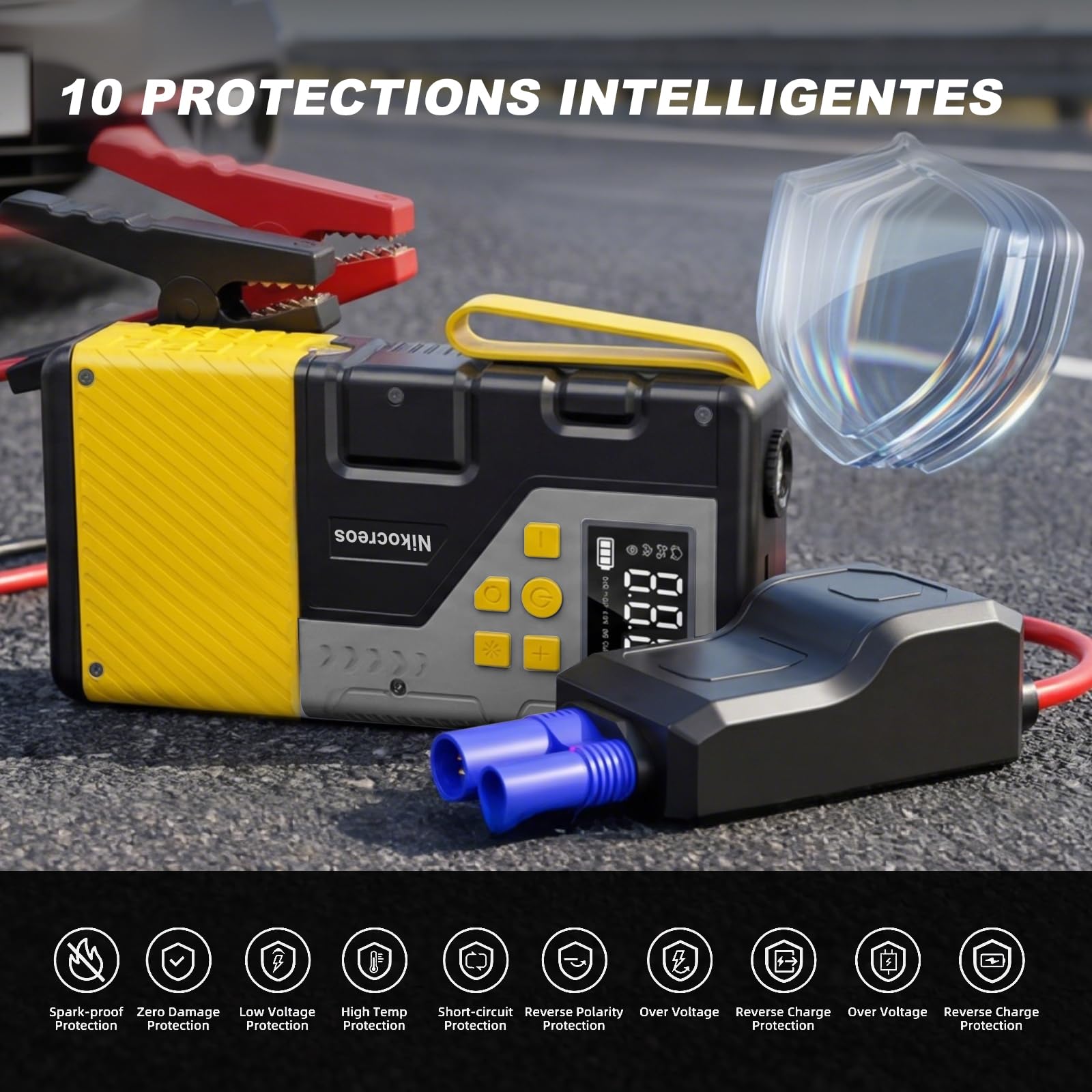 Démarreur de voiture portable avec compresseur d'air pour les situations d'urgence, pic de 3000 A et max 150 PSI, compatible avec les moteurs essence de 12 L et diesel de 10 L, lampe LED