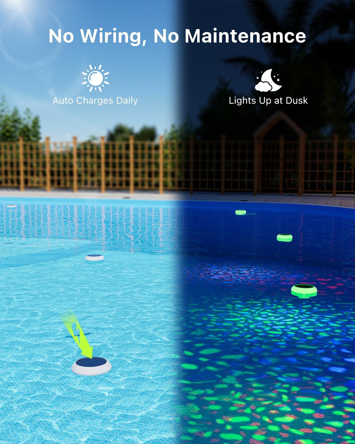 6.5 Inch RGB Solar Floating Pool Light with Remote Float Magic Lamp | IP65 Waterproof, 7 Fixed Projection Effects, 6 Scrolling Light Modes, Timer Lighting Function, Inground or Above-Ground Pool