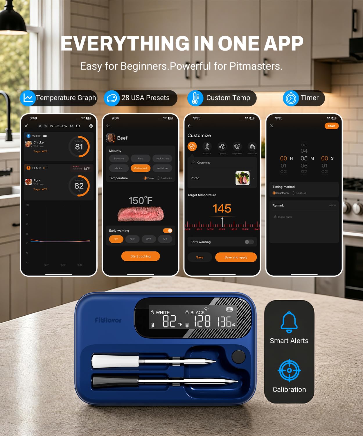 Drahtloses Fleischthermometer mit 2 Sonden, Bluetooth 5.4 & 5G WiFi Smart Fleischthermometer, Unbegrenzte Reichweite App gesteuertes BBQ Grillthermometer, LCD Display, IP67 Wasserdicht für Smoker Ofen