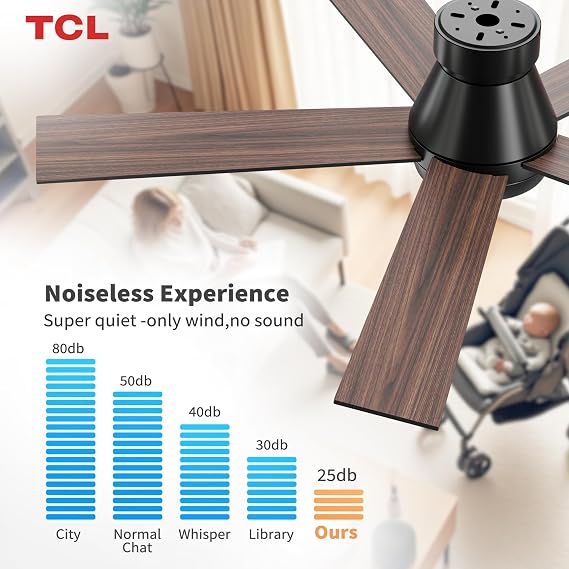 TCL 52 Black Ceiling Fan with Light and Remote, Modern LED 3-Color, 3CCT, Quiet Motor for Bedroom, Living Room, Dining Room, Ceiling Fans with Lights (Black)