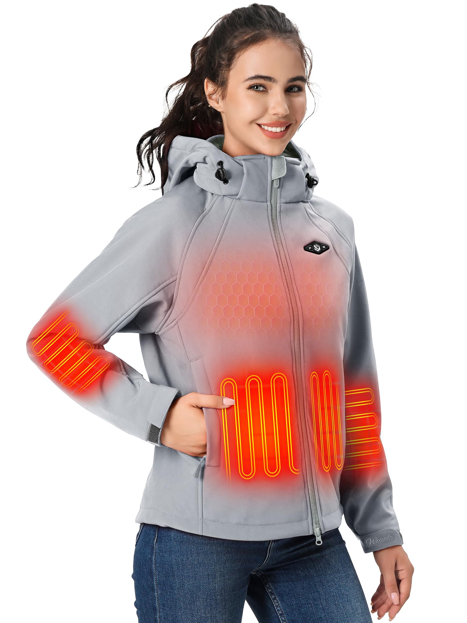 WASOTO Heated Jackets for Women 18400 mAh Battery Pack Water-Resistant Slim Fit with Detachable Hood Softshell Jackets