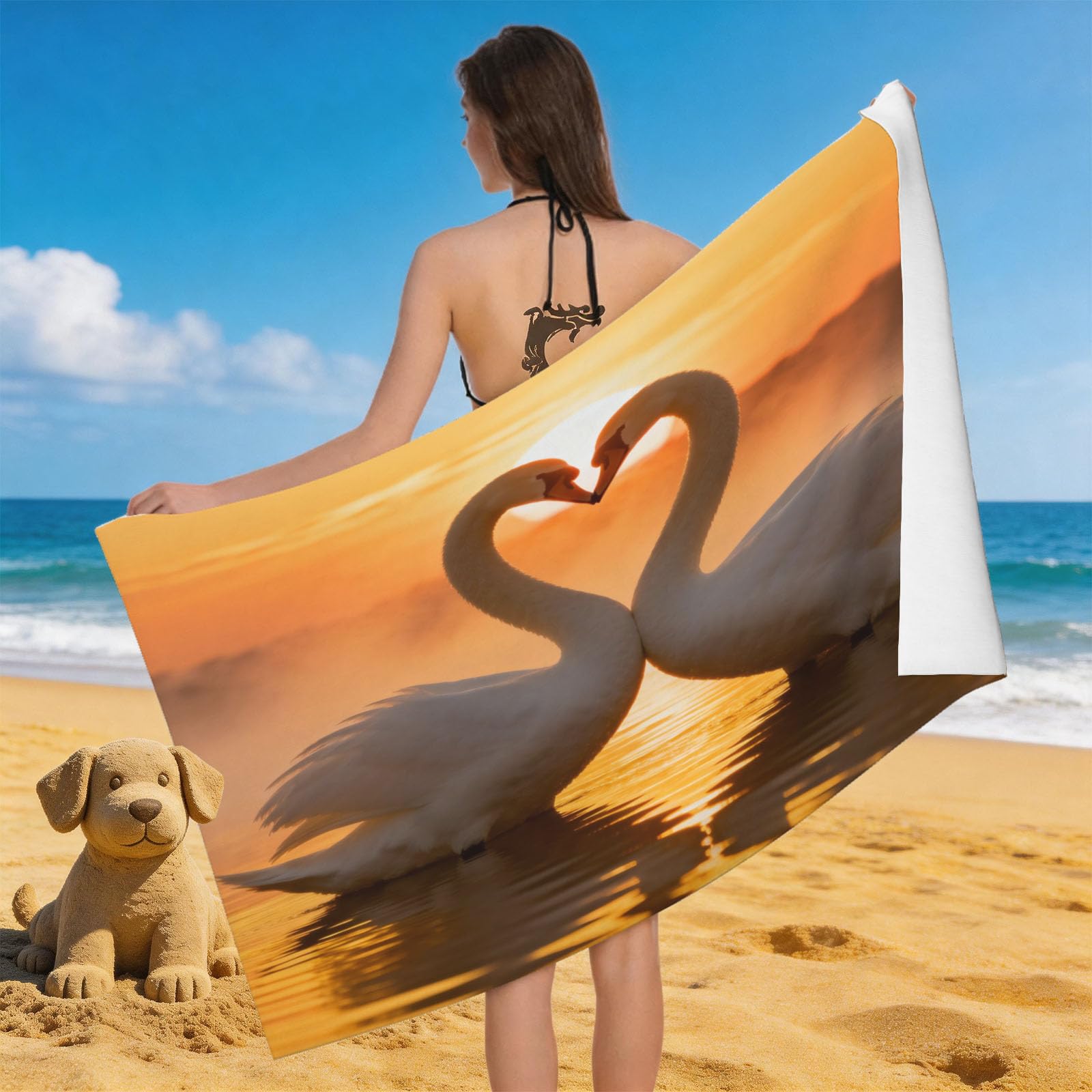Leichong Men's Orange 3D Swan Beach Towel Microfiber Soft Quick Dry For Adults, Romantic Theme Bath Towel Lightweight Soft Absorbent For Travel Swimming Pool Sports, 75 X 150 Cm