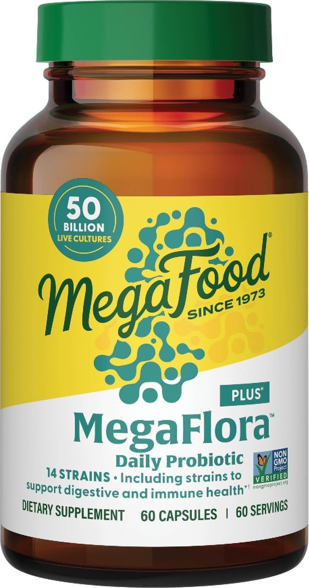 MegaFood MegaFlora Probiotic Plus, 50 Billion Live Cultures, 60 Capsules | Daily Probiotics for Women and Men, Supports Digestive Health, Immune Support Supplement, 14 Strains, Vegetarian, 60 Servings