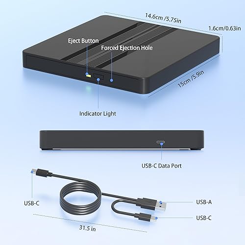 Miniatura 5 de Unidad externa de CD/DVD para portátil, unidad de DVD USB, lector externo de grabadora de CD para portátil, DVD/CD-ROM +/-RW Disco, unidades ópticas