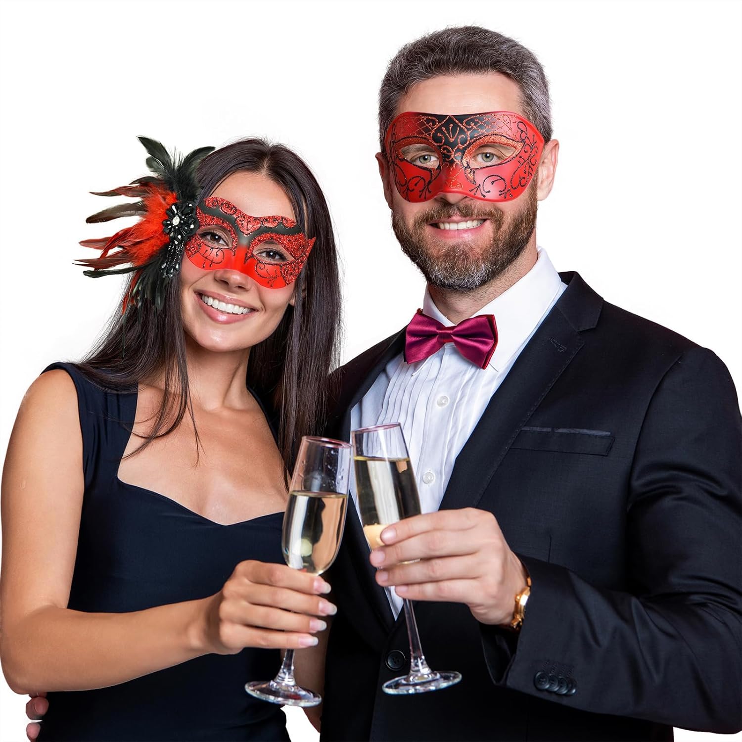 Red Masquerade Mask for Couple -Masquerade Masks Women with Feathers & Venetian Mask Men for Mascarade Party, Mardi Gras, Halloween Cosplay Prom, Christmas - Image 2