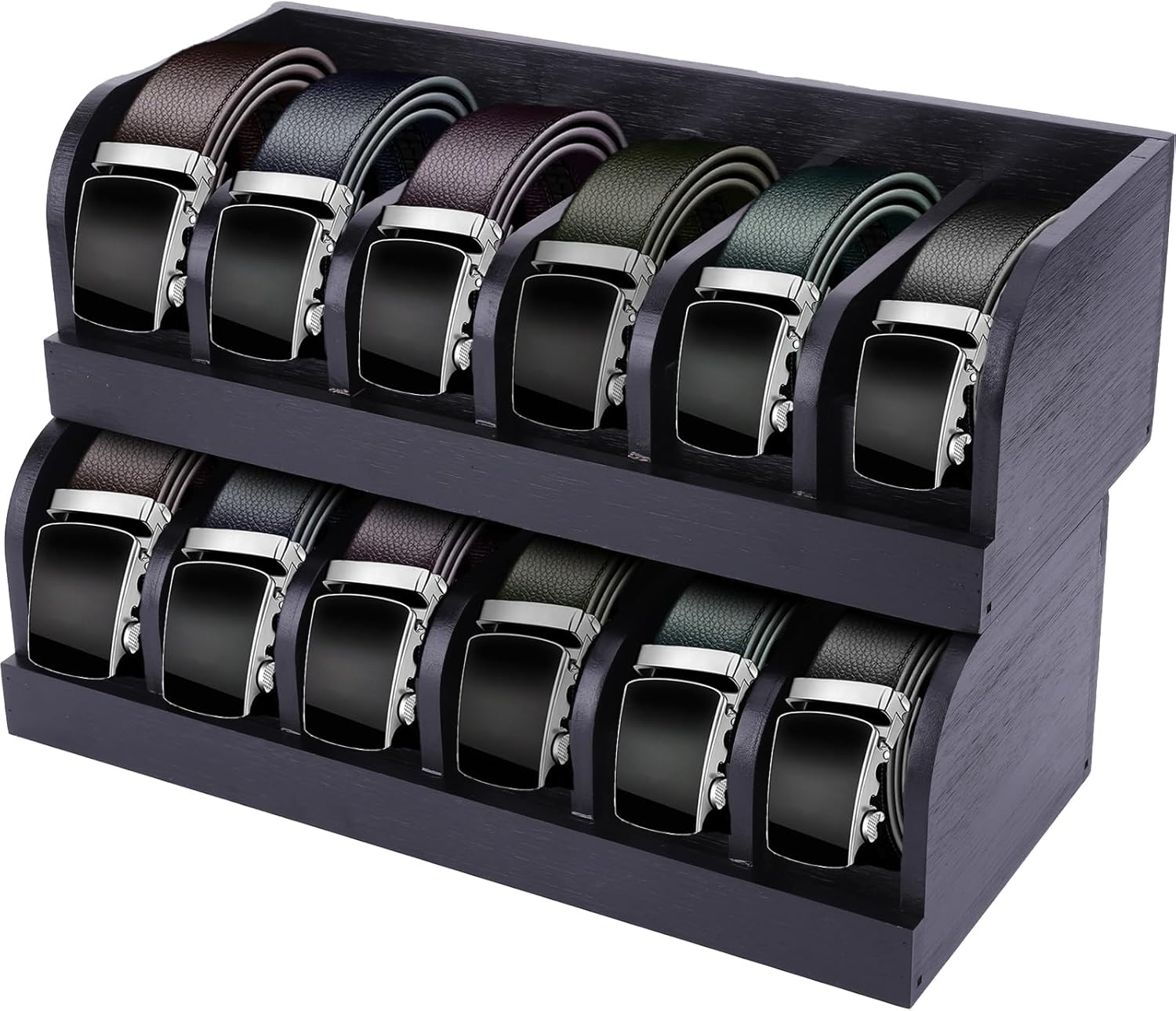 Bamboo Belt Organizer Box 6 Compartments Belt Organizer for Closet and Drawer, Display Case for Tie and Belt, Belt Storage Organizer for Men Women Home Decor, 2 Pack, Black