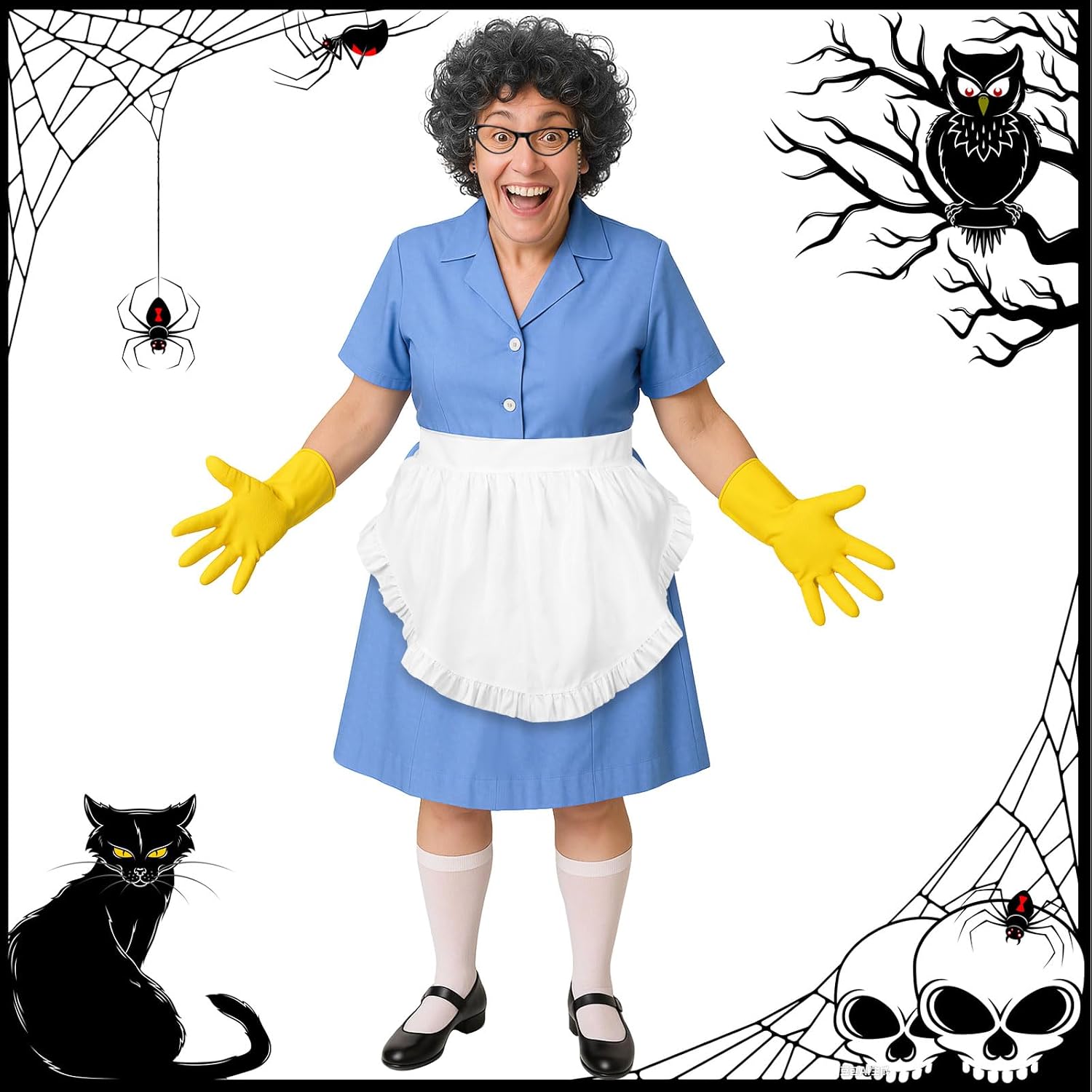 7 Pcs Old Lady Costume 100 Days of School Grandma Costume Old Lady Wig Dress Glasses Chain Apron Gloves Socks