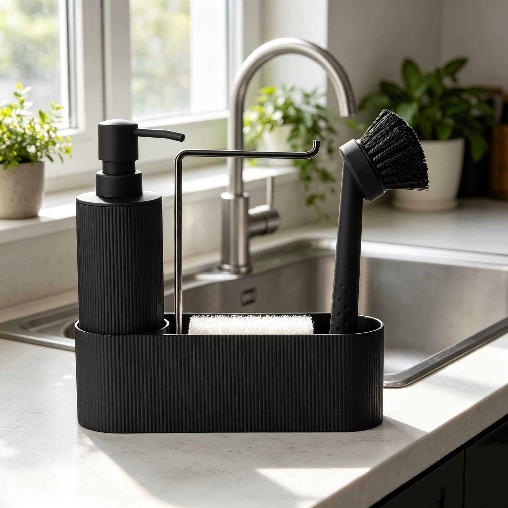 GAHEFY Seifen und Spülmittelspender Set für Küchen mit Seifenspender Spülbürste Schwamm Spültuchhalter, Badezimmer Seifenspender Set für Bad, Küchen Organizer Spüle Schmal (Schwarz)