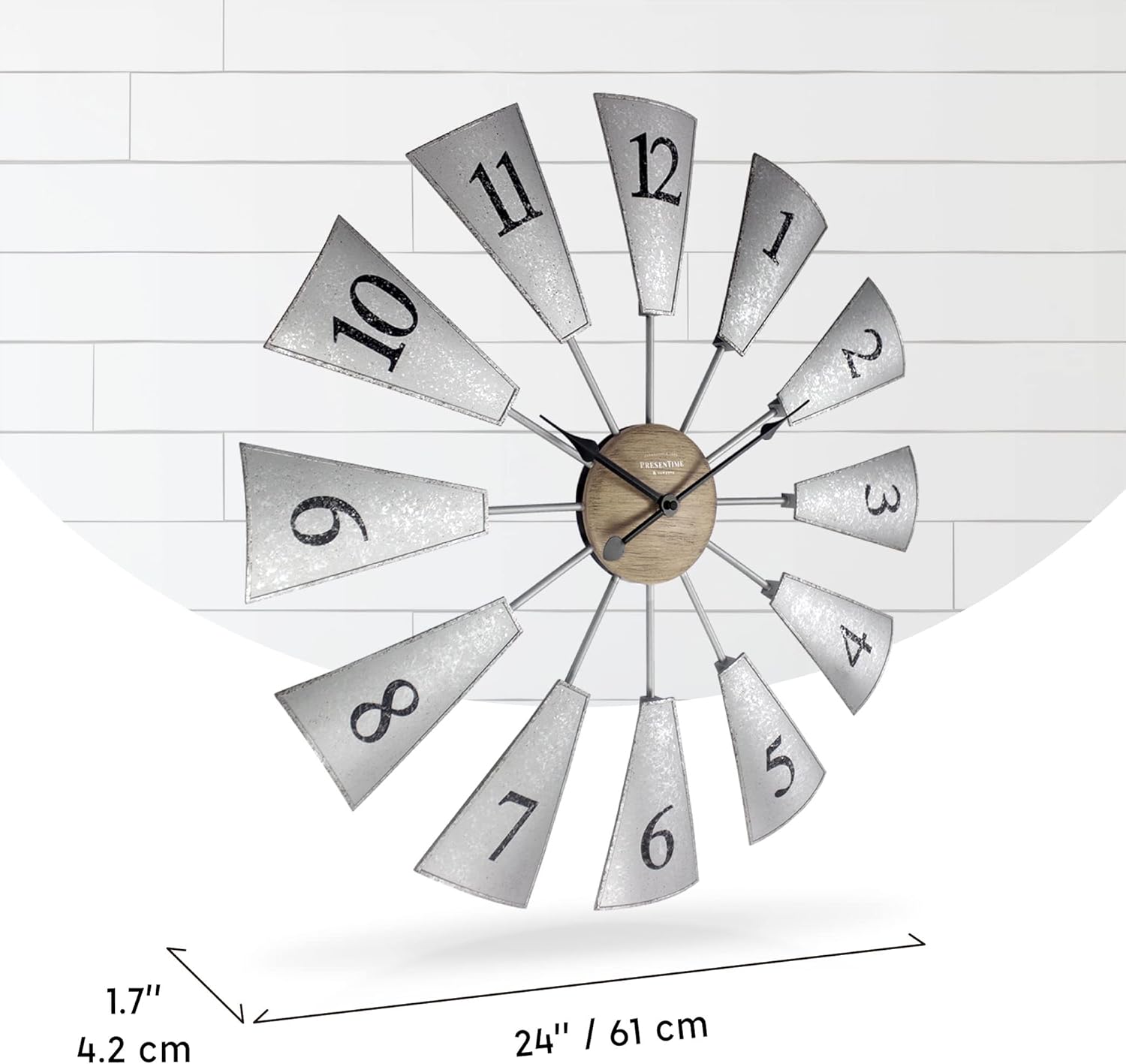 Presentime & Co. 24" Lorenzo Farmhouse DIY Windmill Clock, Indoor/Outdoor Clock, Silent no Ticking, Wall Décor, Wall Art and Timepiece for Home Decoration, Galvanized and Light Gray Oak Finish