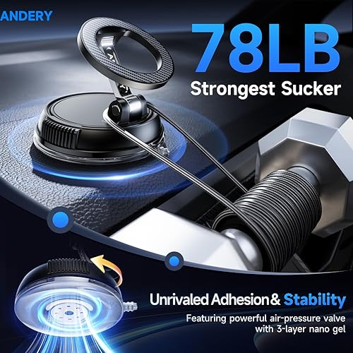Miniatura 3 de ANDERY Soporte para teléfono de coche para Magsafe [78+LBS de succión más fuerte y 2400gf magnético] Montura de teléfono de coche ajustable en 360°