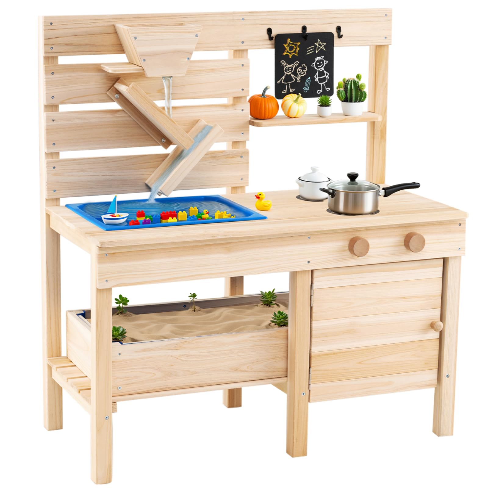Maxmass Fir Wood Kids Mud Kitchen, Outdoor Children Play Kitchen with Detachable Sandbox, Sink, Chalkboard, Sand Funnel, Garden Toddler Pretend Kitchen Toy Set Potting Bench for 3-8 Years Old