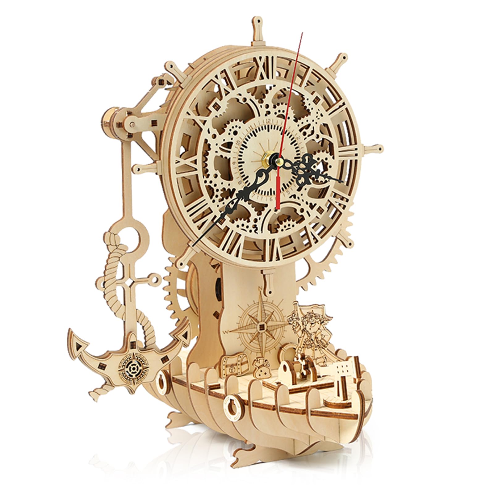 3D drewniane puzzle dla dorosłych, 3D drewniany zegar puzzle mechaniczne model, Drewniany zegar DIY z pirackim statkiem, DIY świąteczne prezenty urodzinowe, 123 elementy