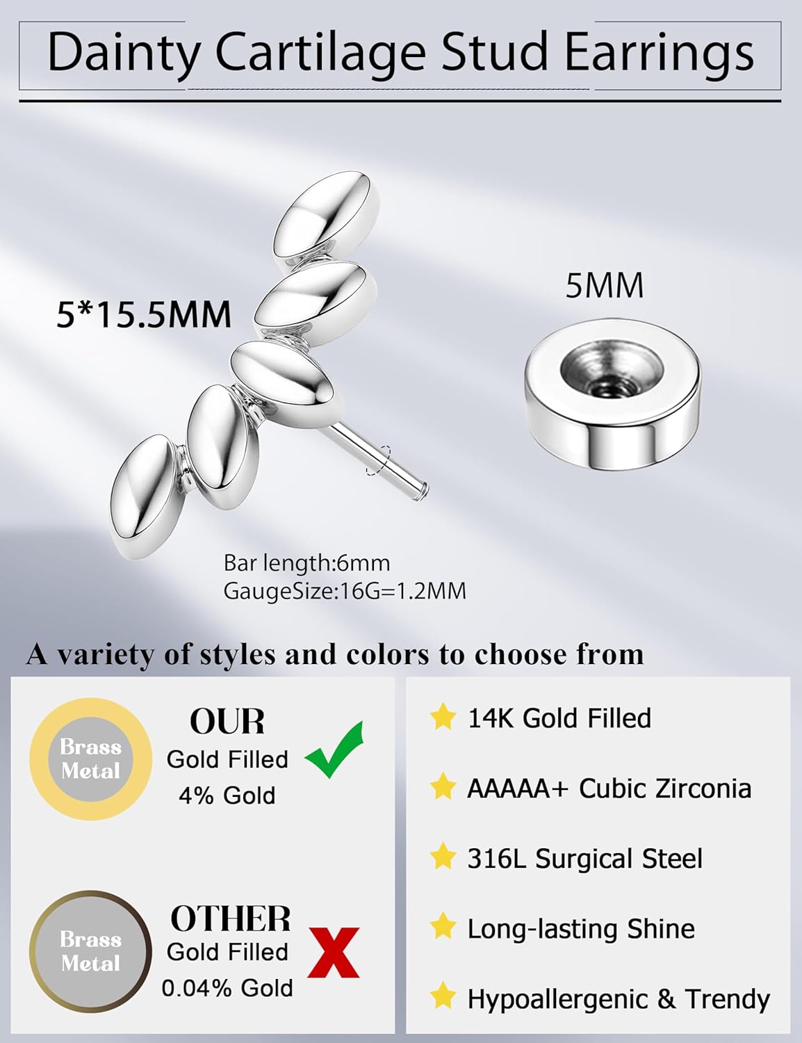 JeryWe Cartilage Earrings for Women Hypoallergenic Flat Back Earrings Surgical Steel for Sensitive Ears Flatback Stud Earring Helix Conch Tragus Daith Piercing Jewelry 16G - Image 4