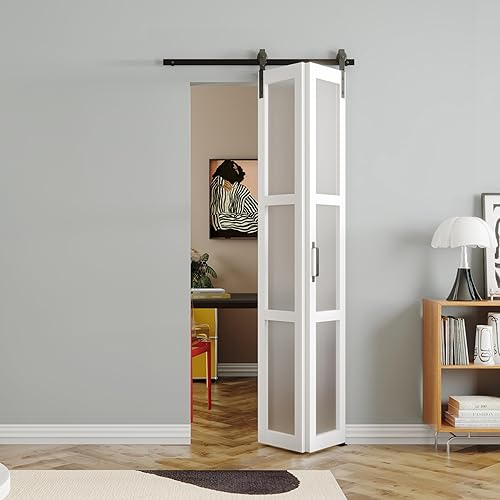 Vista 36 de Puerta de granero plegable de 36 pulgadas (18 x 2) x 84 pulgadas, puertas plegables de 3 paneles con kit de accesorios deslizantes, losa para puerta