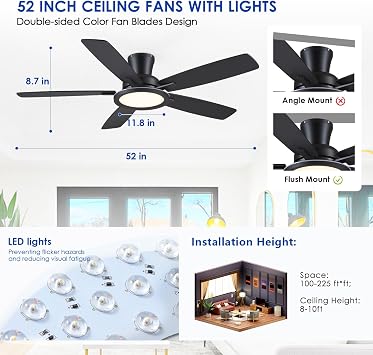 BYKISTOK 52 Flush Mount Ceiling Fan with Lights and Remote - Black Modern Ceiling Fan, Reversible and 5 Dual-Sided Blades, Low Profile Fan Light for Indoor Bedroom, Covered Patios