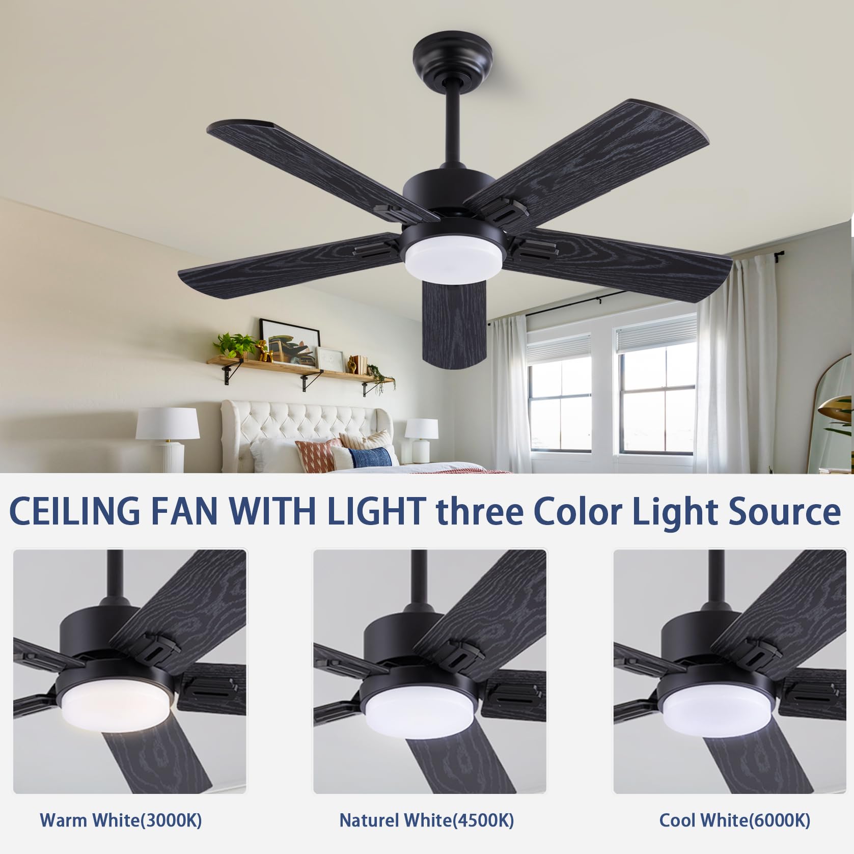 QUTWOB 42" Ceiling Fan with Light and Remote,Farmhouse 5 Blades Quiet Reversible DC Motor Ceiling Fans for Modern Indoor/Outdoor/Patio/Living Room/Bedroom(Black/Walnut)