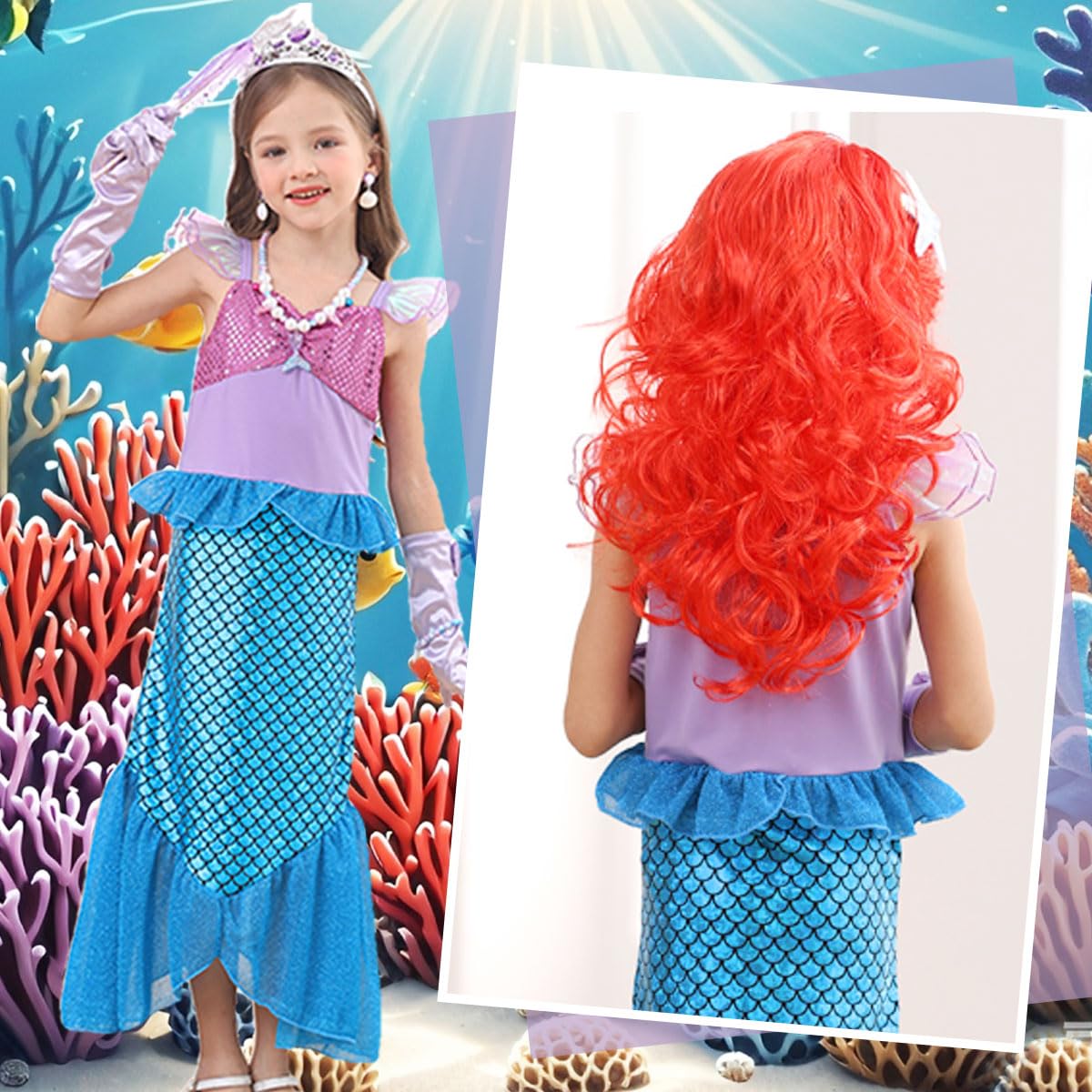 Costumi Sirenetta Principessa Ariel Bambine Vestito Sirena Ragazza con Parrucca per Festa Compleanno Carnevale Halloween