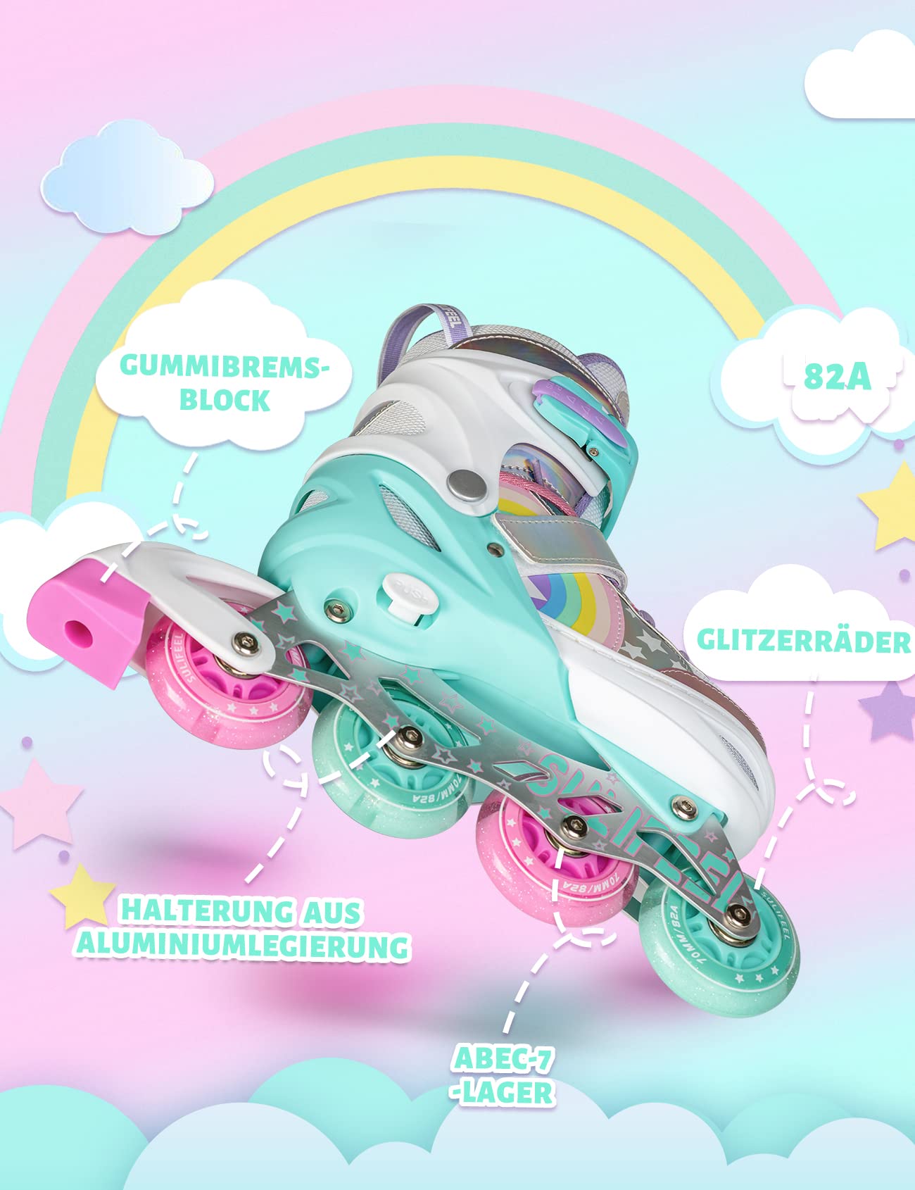 SULIFEEL Pattini in linea luminosi regolabili con unicorno arcobaleno per bambini, ragazze e ragazzi, pattini per principianti con ruote illuminate