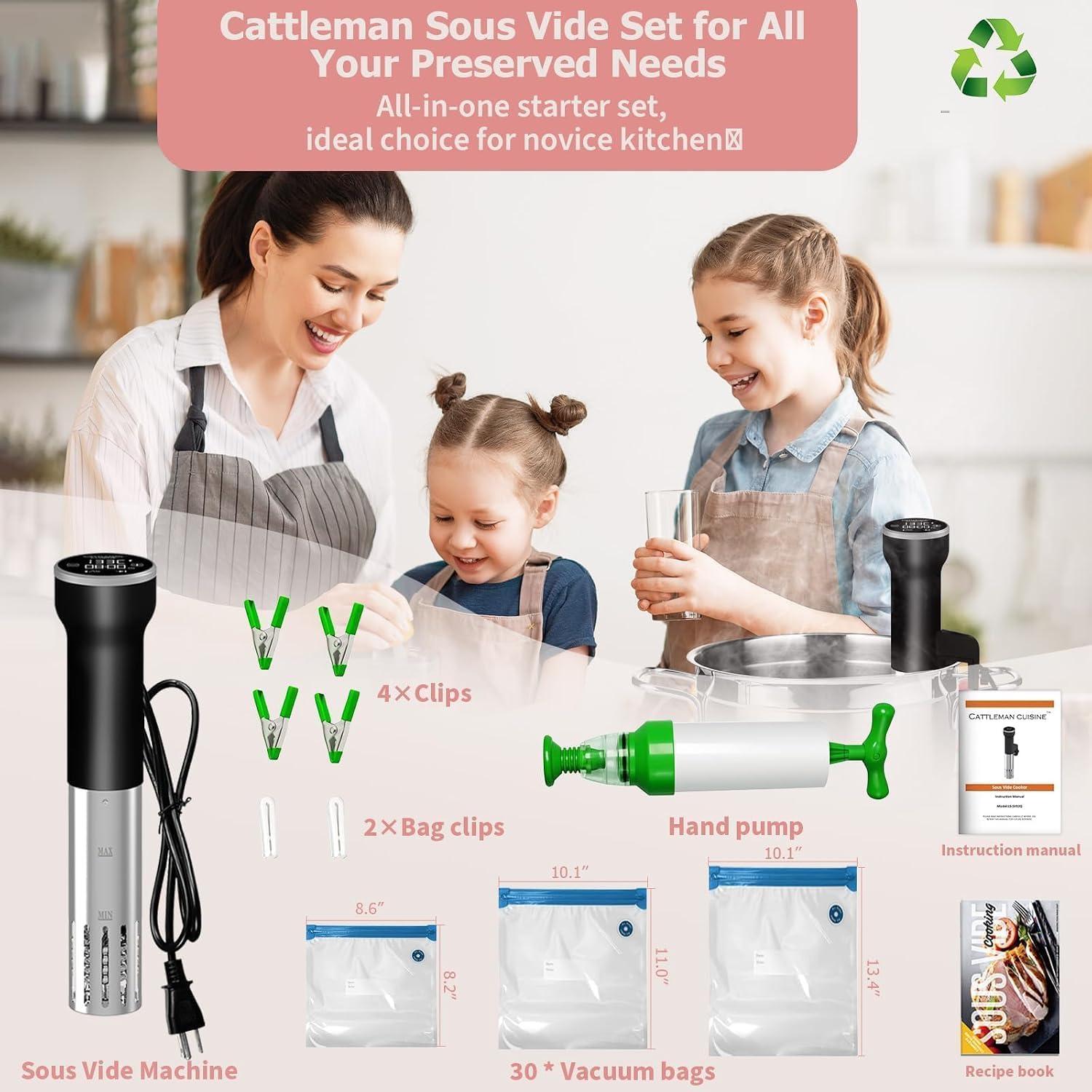 CATTLEMAN Sous Vide Cooker WiFi Kit, 1000W, Waterproof, Sous Vide Machine, Immersion Circulators for Suvee Cooker Kit with Vacuum Bags, Vacuum Pump, Precision Temperature Timer, Noise-free