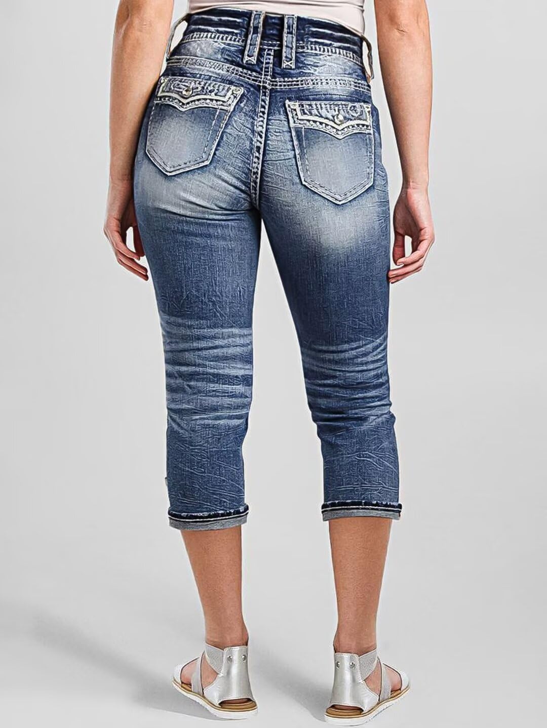 Flamingals Women's Denim Capri Jeans for Women Mid Rise Skinny Capri Pants for Summer White Mid Blue XL