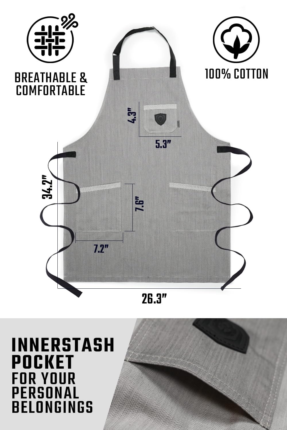 Dalstrong– Delantal profesional de chef – The Gandalf – Mezclilla gris – Detalles de piel – Ajustable