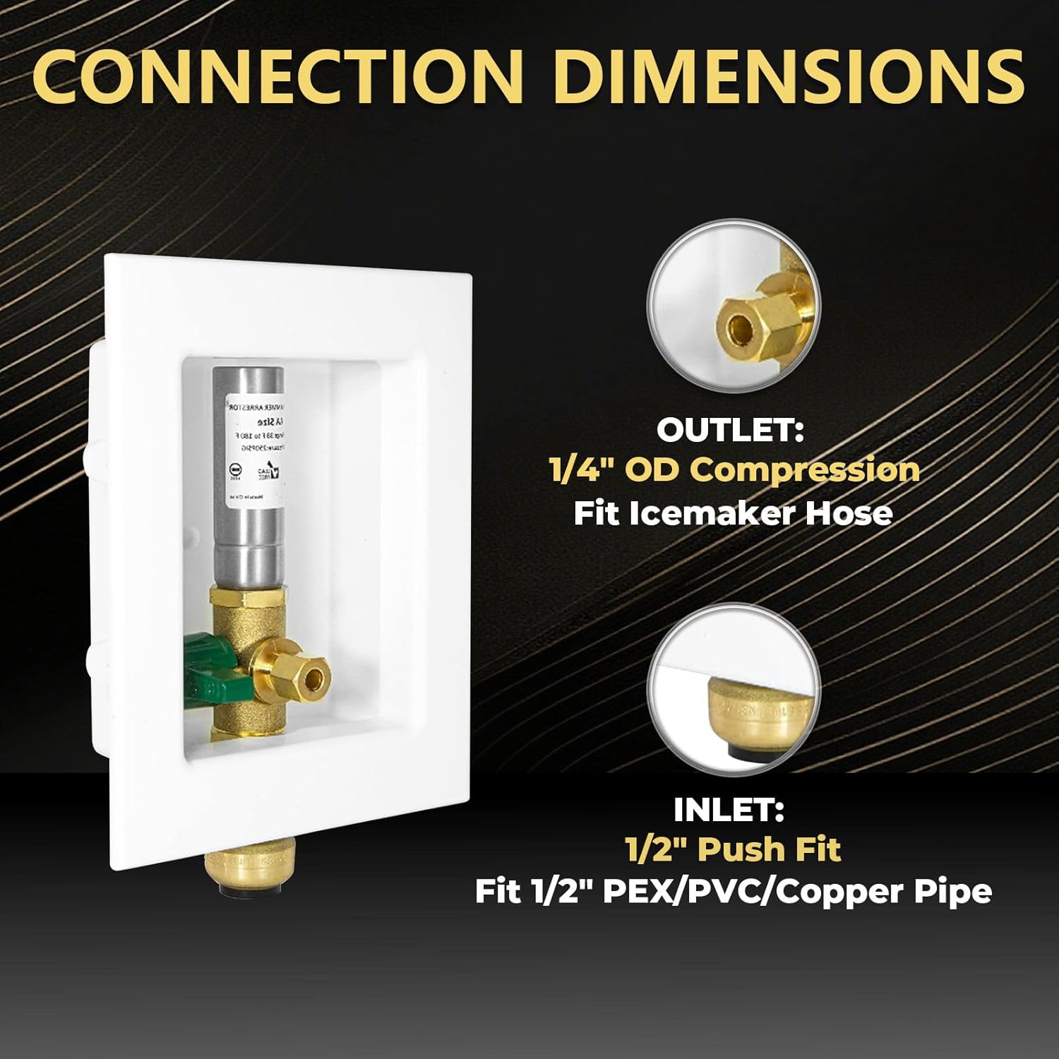 1 PCS Foskan 1/2" Push Fit Inlet Ice Maker Outlet Box (Pre-Assembled), 1/4" OD Compression Outlet, with Installed Green-Handled Quarter-Turn Ball Valve and Stainless Steel Hammer Arrestor