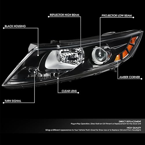 Miniatura 2 de DNA MOTORING Faro delantero izquierdo estilo OE compatible con Kia Optima 11-13, carcasa negralente transparentereflector ámbar, OEM-HL-0172-L