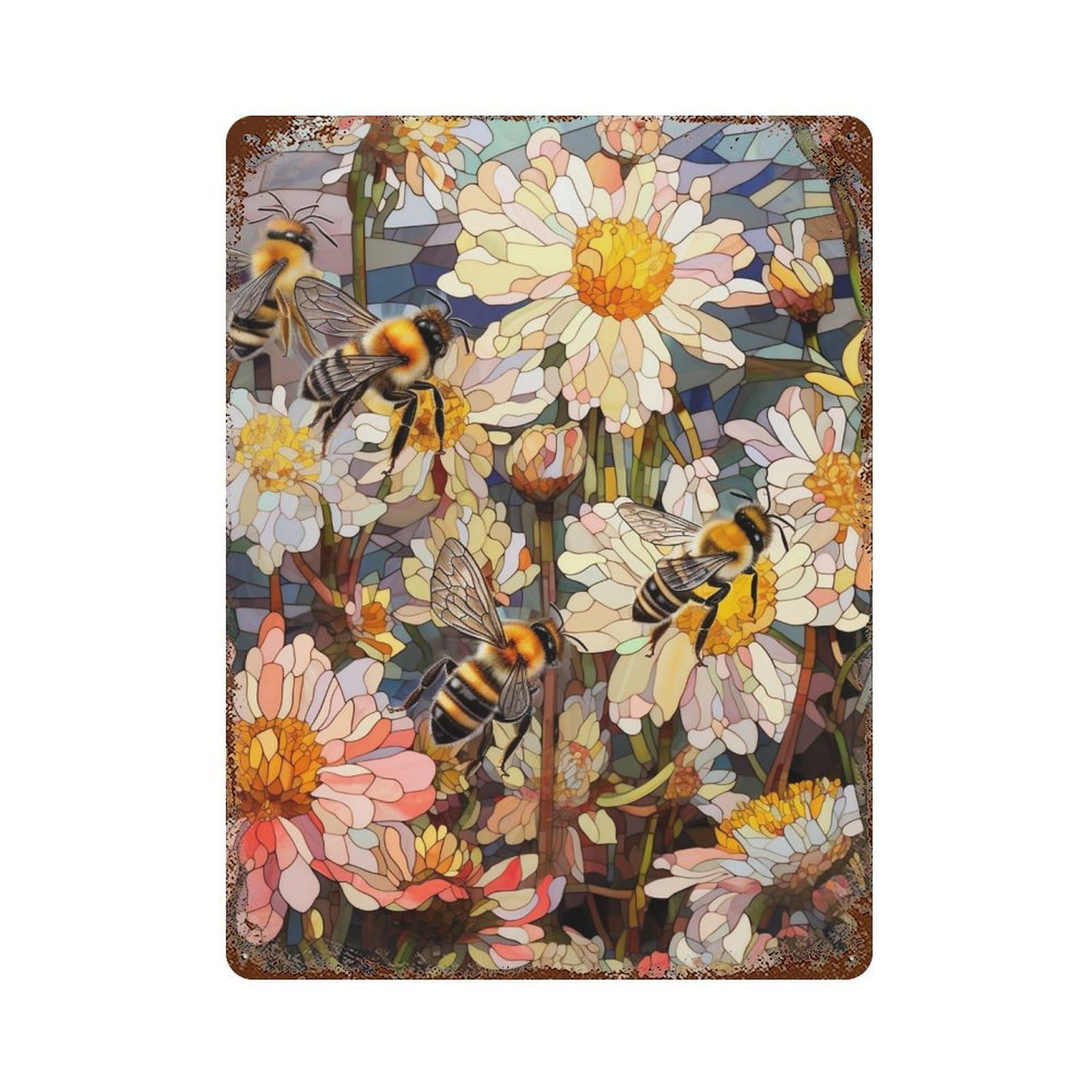 Stained Glass Bees And Flowers Decorative Tin Sign 15.7"x11.8", Farmhouse Wall Decor for Garage, Bar And Workshop Decor