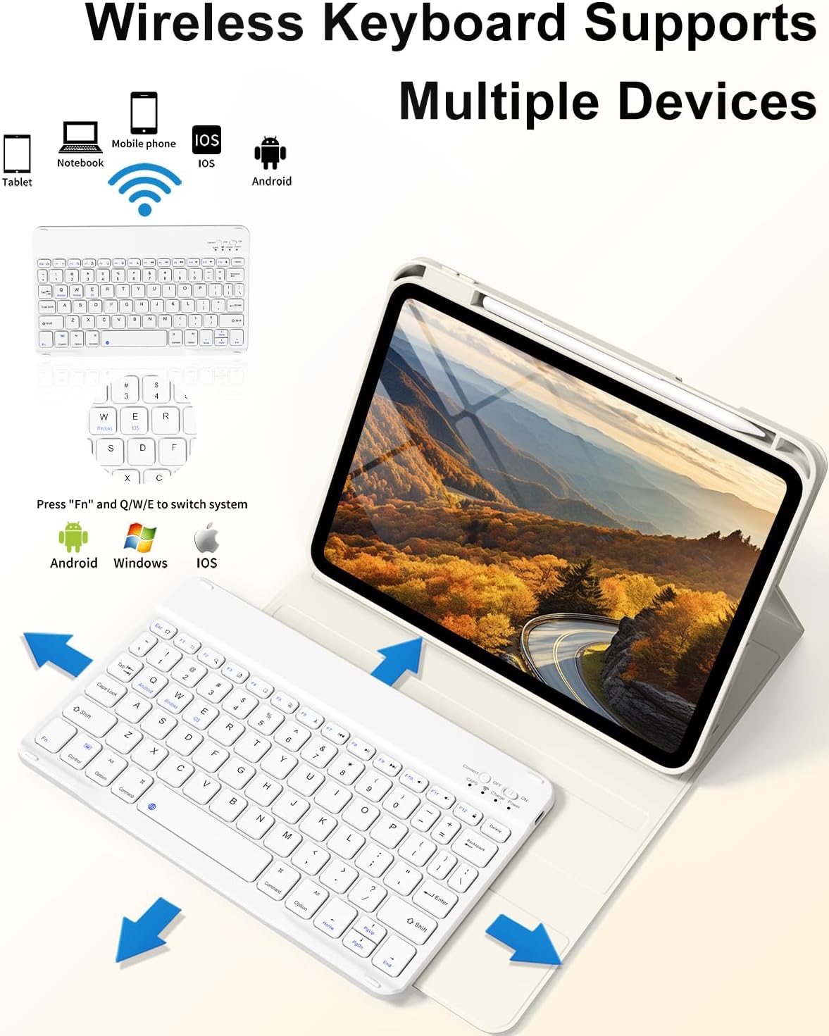 for iPad A16 11th 10th Generation Case with Keyboard - Wireless Detachable Folio Keyboard Cover with Pencil Holder for iPad 11/10.9 inch 2025/2022 (Cream White)