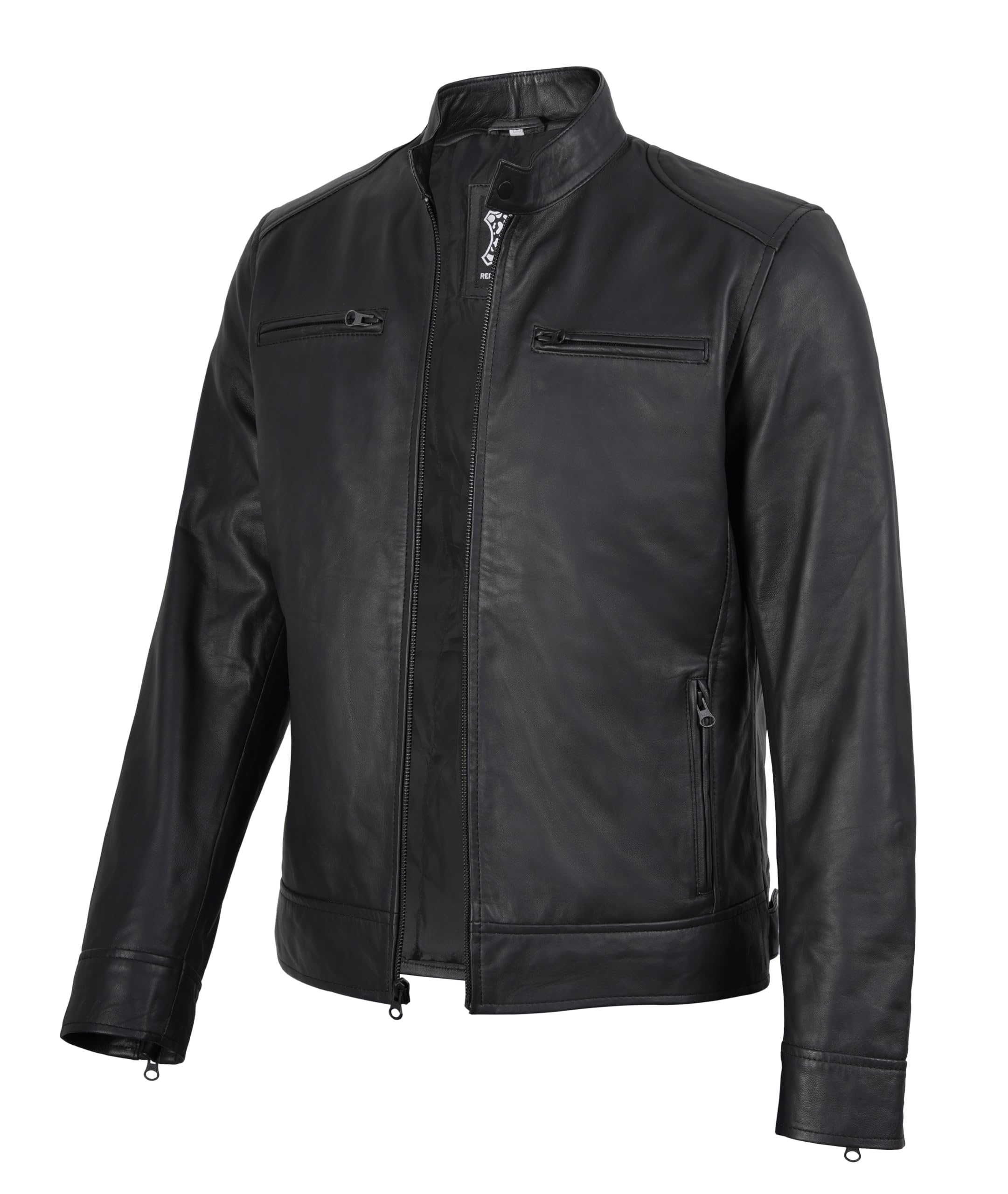 fjackets Mens Leather Jacket - Real Lambskin Cafe Racer Jacket Stand Collar Moto Biker Zip Jacket For Men