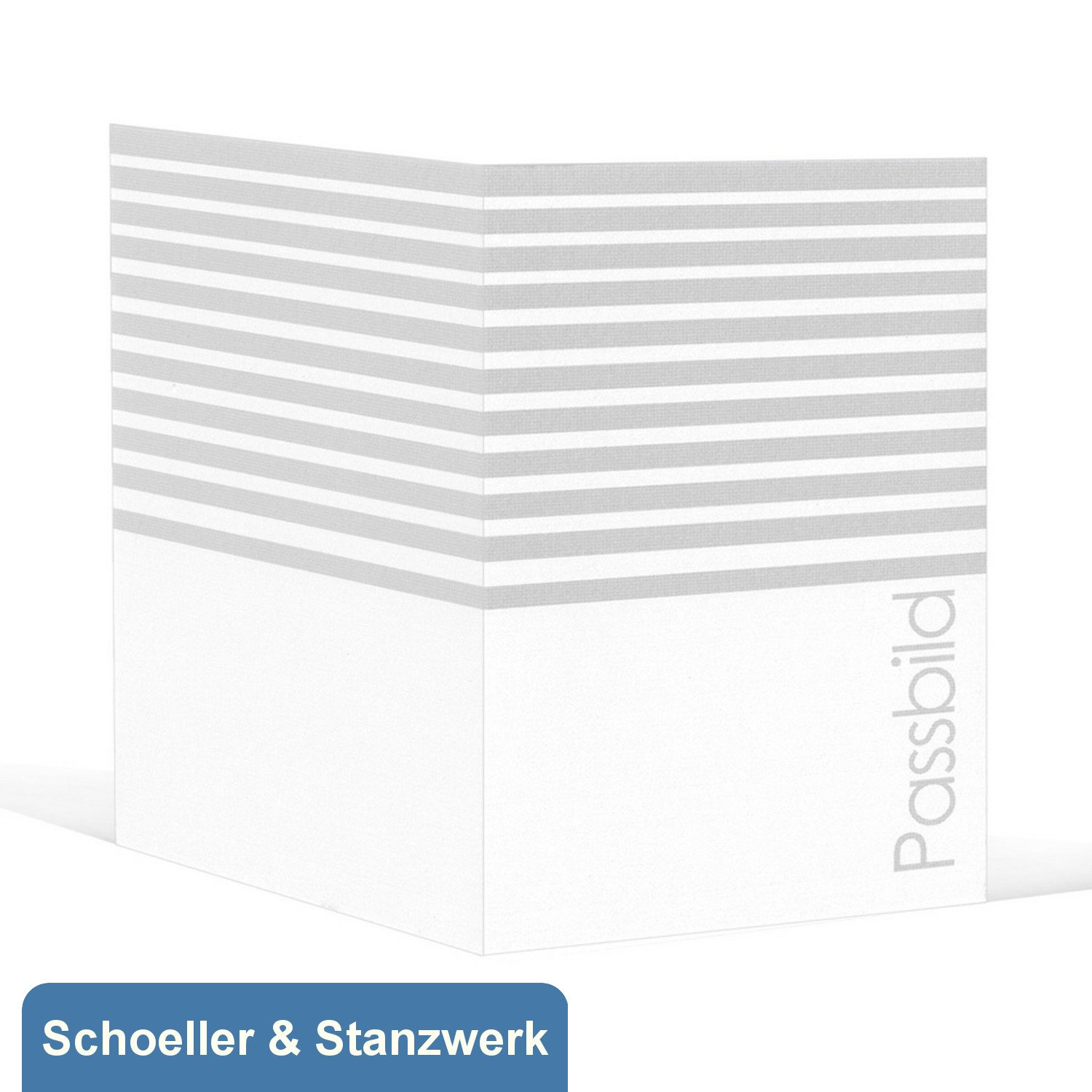 Schoeller & Stanzwerk© - 100 Stück Passbildmappen für Passfotos 4,5x6 cm ohne Passepartout mit Tasche weiß mit grauen Streifen