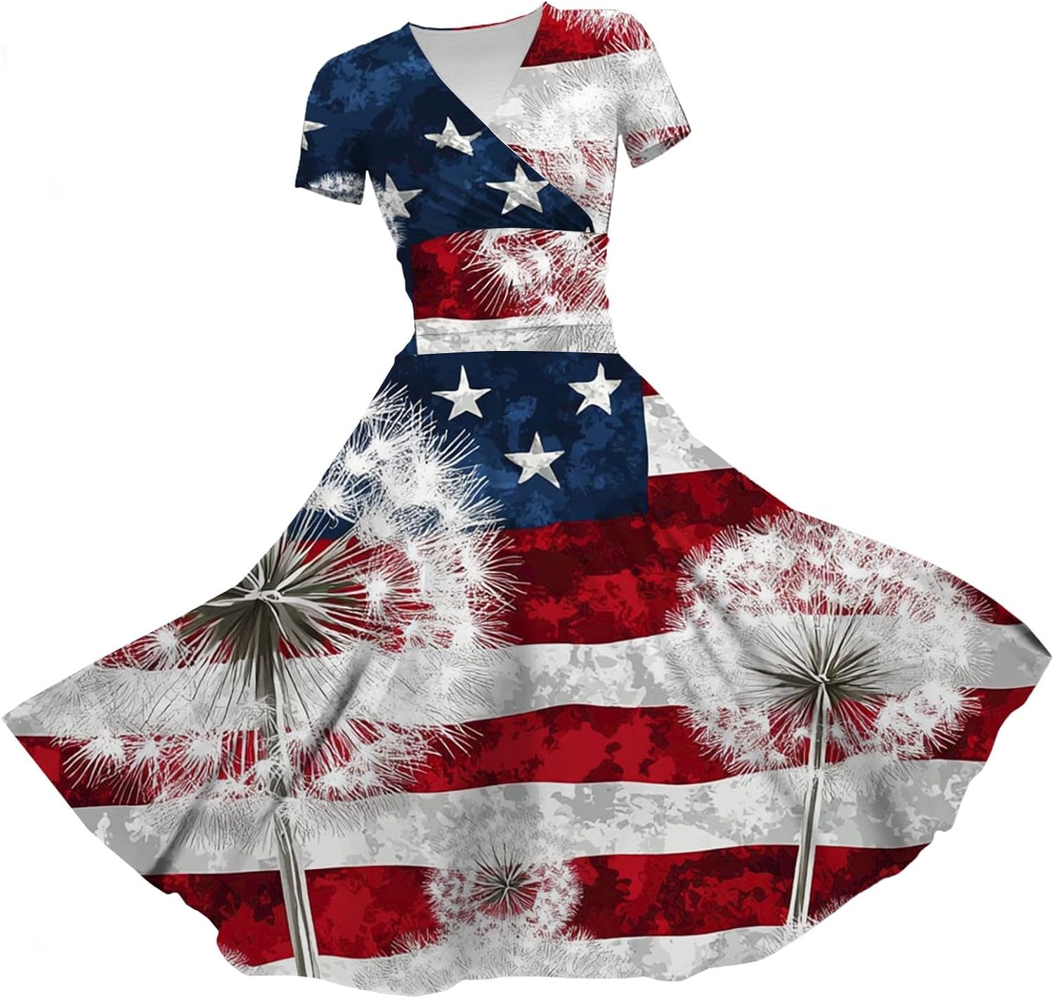 4Th of July Dress Women Patriotic American Flag Wrap Dresses Stars Stripes Swing Flowy Holiday Midi Sundress