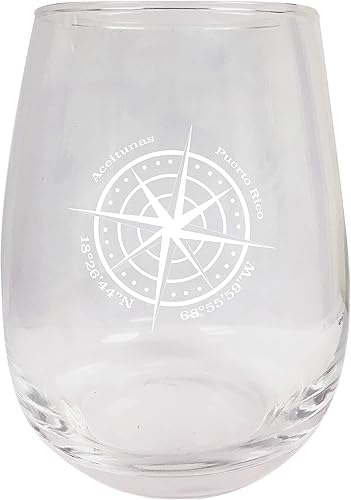 Aceitunas Puerto Rico Souvenir - Vaso de vino grabado con láser, 15 onzas, diseño de brújula sin tallo, 2 unidades