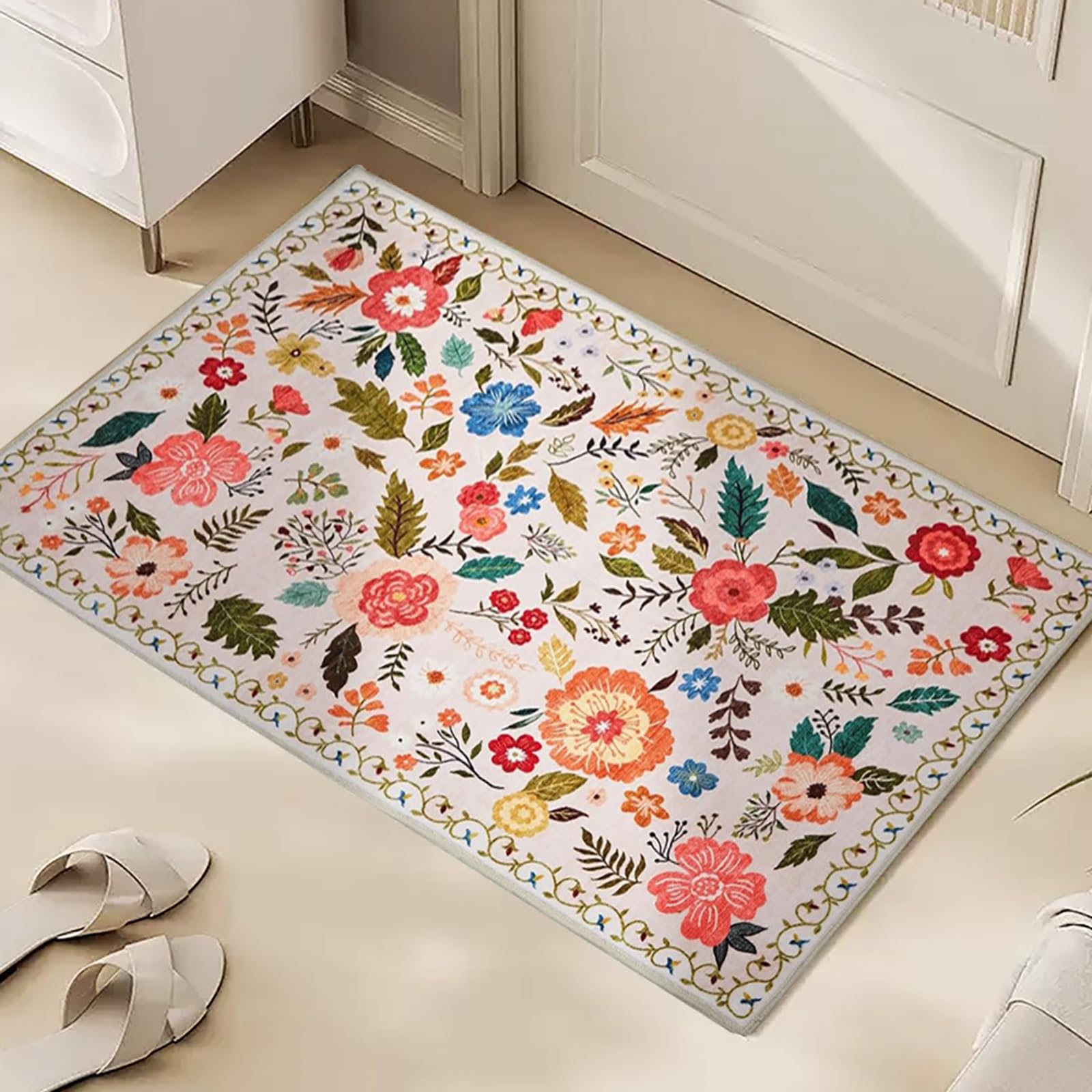 LUPATDY Teppich Wohnzimmer, Waschbarer Vintage Wohnzimmerteppich, Anti-Rutsch Niedriger Flor Teppich mit Blumenmuster, Teppiche für Wohnzimmer Schlafzimmer Esszimmer und Kinderzimer, 100 * 66 cm