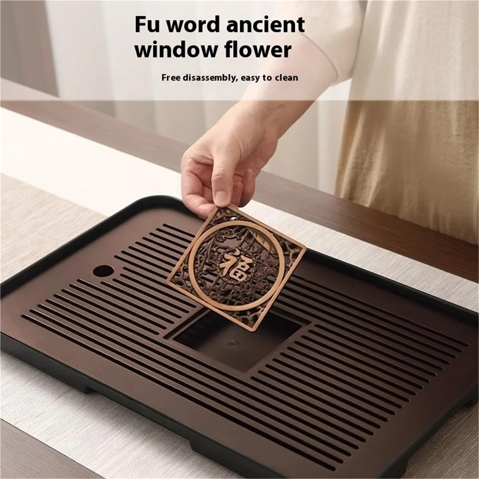 Bandeja de té portátil de bambú rectangular de 43 cm para ceremonia de té, doble propósito con drenaje y almacenamiento de agua, diseño de bendición perfecta para el hogar y regalo.