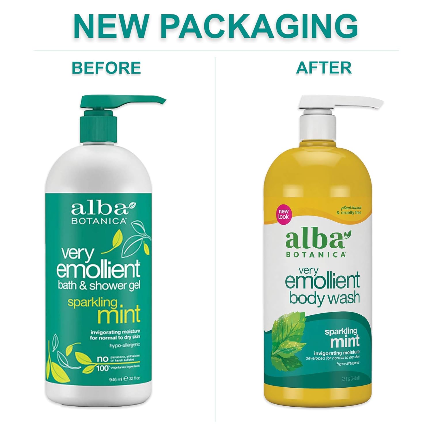 Alba Botanica Very Emollient Bath & Shower Gel, Sparkling Mint, 32 oz. (Packaging May Vary)